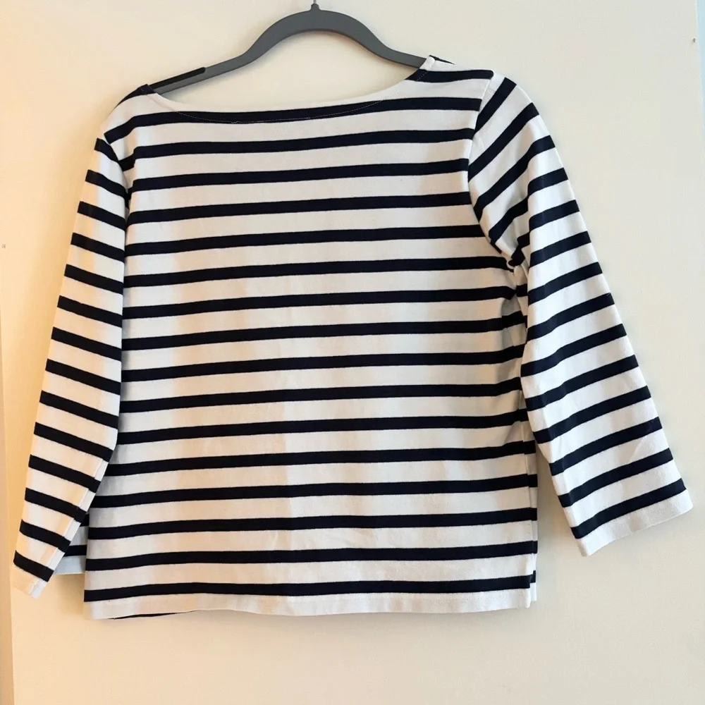J. Crew Navy White Striped Boatneck Top Size S Classic Preppy Cotton